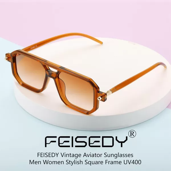 FEISEDY Vintage Square 70s Flat Aviator Sunglasses Women Men Classic Retro Stylish Frame UV400 Sunglasses B2622015 Brown Frame  Gradient Tea Lens
