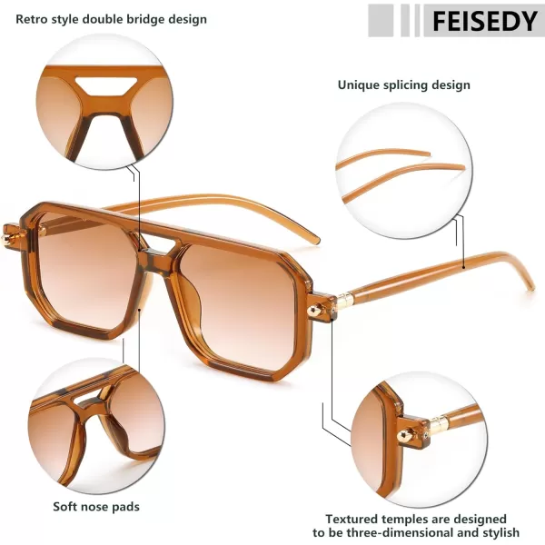 FEISEDY Vintage Square 70s Flat Aviator Sunglasses Women Men Classic Retro Stylish Frame UV400 Sunglasses B2622015 Brown Frame  Gradient Tea Lens