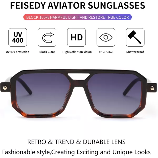 FEISEDY Vintage Square 70s Flat Aviator Sunglasses Women Men Classic Retro Stylish Frame UV400 Sunglasses B2622016 Black  Leopard Frame  Gradient Blue Lens