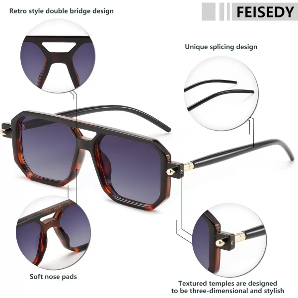 FEISEDY Vintage Square 70s Flat Aviator Sunglasses Women Men Classic Retro Stylish Frame UV400 Sunglasses B2622016 Black  Leopard Frame  Gradient Blue Lens