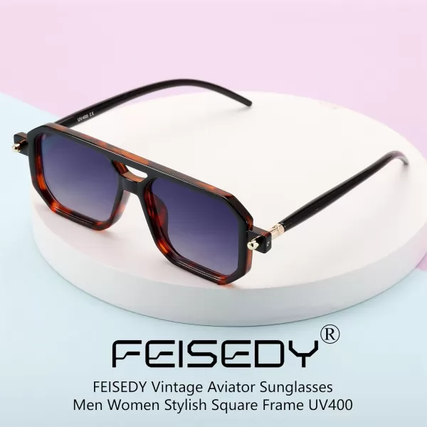 FEISEDY Vintage Square 70s Flat Aviator Sunglasses Women Men Classic Retro Stylish Frame UV400 Sunglasses B2622016 Black  Leopard Frame  Gradient Blue Lens
