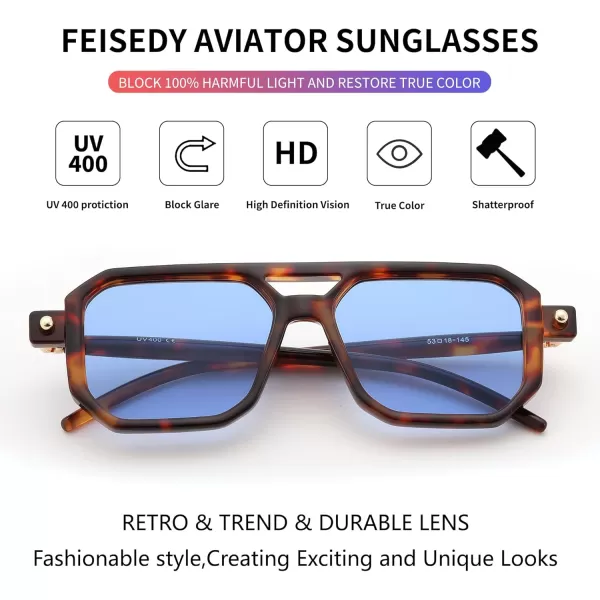 FEISEDY Vintage Square 70s Flat Aviator Sunglasses Women Men Classic Retro Stylish Frame UV400 Sunglasses B2622017 Leopard Frame  Blue Lens