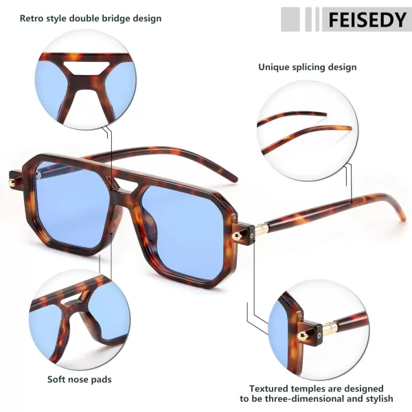 FEISEDY Vintage Square 70s Flat Aviator Sunglasses Women Men Classic Retro Stylish Frame UV400 Sunglasses B2622017 Leopard Frame  Blue Lens