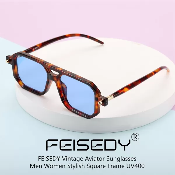 FEISEDY Vintage Square 70s Flat Aviator Sunglasses Women Men Classic Retro Stylish Frame UV400 Sunglasses B2622017 Leopard Frame  Blue Lens