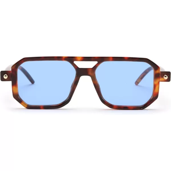 FEISEDY Vintage Square 70s Flat Aviator Sunglasses Women Men Classic Retro Stylish Frame UV400 Sunglasses B2622017 Leopard Frame  Blue Lens