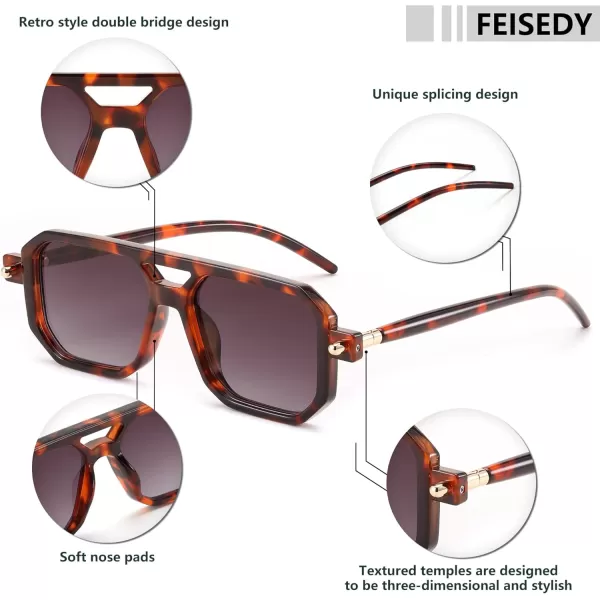 FEISEDY Vintage Square 70s Flat Aviator Sunglasses Women Men Classic Retro Stylish Frame UV400 Sunglasses B2622018 Brown Tortoise Frame  Gradient Grey Purple Lens