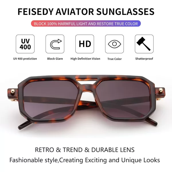 FEISEDY Vintage Square 70s Flat Aviator Sunglasses Women Men Classic Retro Stylish Frame UV400 Sunglasses B2622018 Brown Tortoise Frame  Gradient Grey Purple Lens