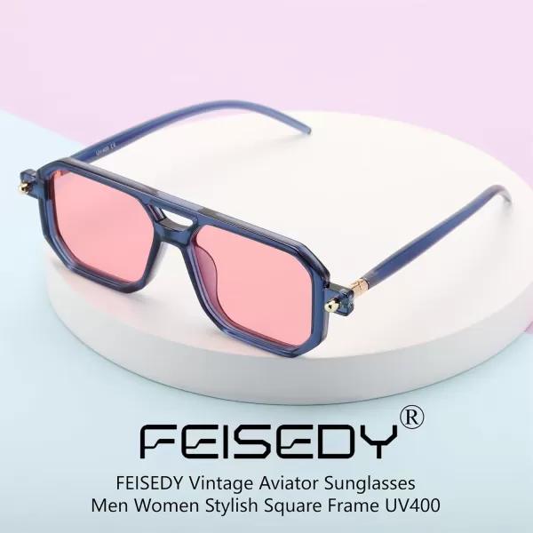 FEISEDY Vintage Square 70s Flat Aviator Sunglasses Women Men Classic Retro Stylish Frame UV400 Sunglasses B2622019 Ink Blue Frame  Pink Lens