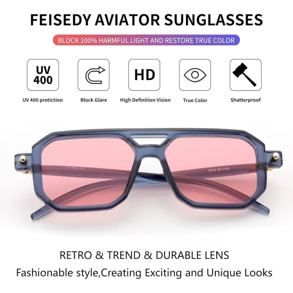 FEISEDY Vintage Square 70s Flat Aviator Sunglasses Women Men Classic Retro Stylish Frame UV400 Sunglasses B2622019 Ink Blue Frame  Pink Lens