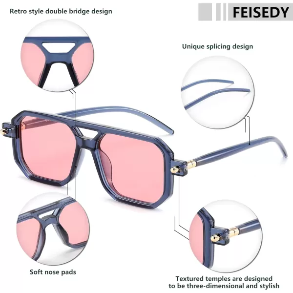FEISEDY Vintage Square 70s Flat Aviator Sunglasses Women Men Classic Retro Stylish Frame UV400 Sunglasses B2622019 Ink Blue Frame  Pink Lens