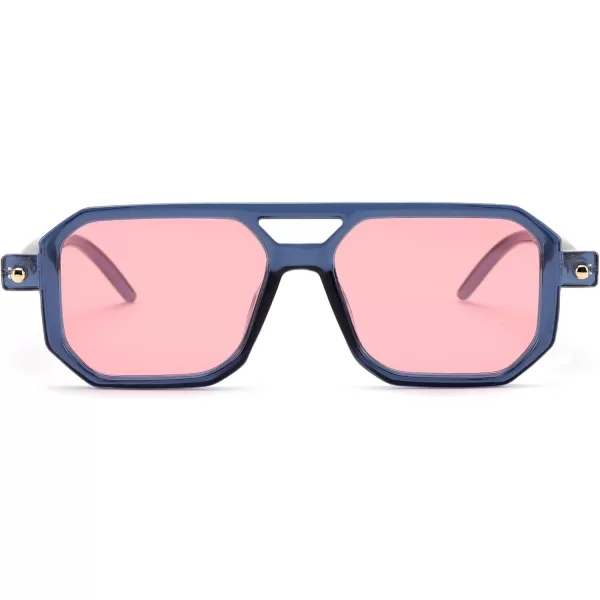 FEISEDY Vintage Square 70s Flat Aviator Sunglasses Women Men Classic Retro Stylish Frame UV400 Sunglasses B2622019 Ink Blue Frame  Pink Lens