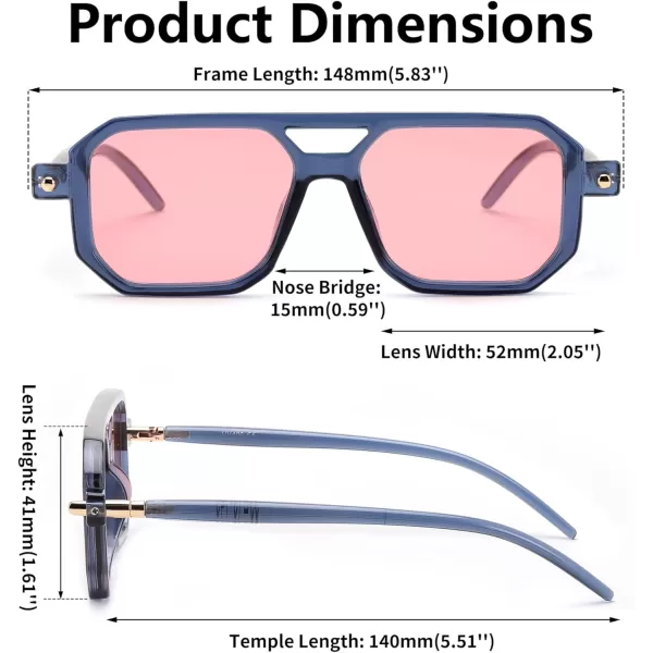 FEISEDY Vintage Square 70s Flat Aviator Sunglasses Women Men Classic Retro Stylish Frame UV400 Sunglasses B2622019 Ink Blue Frame  Pink Lens