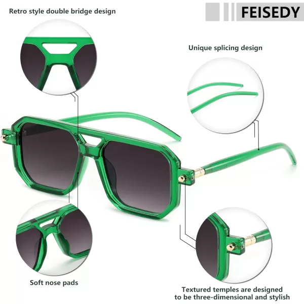 FEISEDY Vintage Square 70s Flat Aviator Sunglasses Women Men Classic Retro Stylish Frame UV400 Sunglasses B2622020 Transparent Green  Gradient Grey Lens