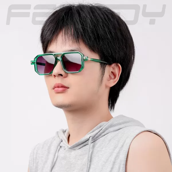 FEISEDY Vintage Square 70s Flat Aviator Sunglasses Women Men Classic Retro Stylish Frame UV400 Sunglasses B2622020 Transparent Green  Gradient Grey Lens