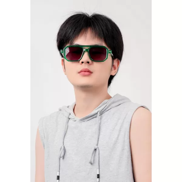 FEISEDY Vintage Square 70s Flat Aviator Sunglasses Women Men Classic Retro Stylish Frame UV400 Sunglasses B2622020 Transparent Green  Gradient Grey Lens