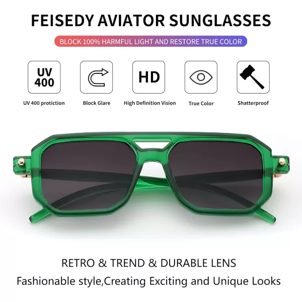 FEISEDY Vintage Square 70s Flat Aviator Sunglasses Women Men Classic Retro Stylish Frame UV400 Sunglasses B2622020 Transparent Green  Gradient Grey Lens