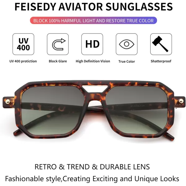 FEISEDY Vintage Square 70s Flat Aviator Sunglasses Women Men Classic Retro Stylish Frame UV400 Sunglasses B2622021 Tortoise Frame  Gradient Grey Green Yellow Lens
