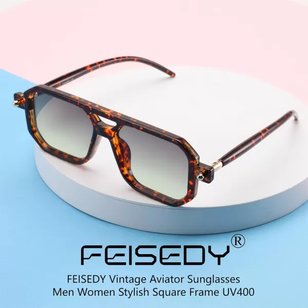 FEISEDY Vintage Square 70s Flat Aviator Sunglasses Women Men Classic Retro Stylish Frame UV400 Sunglasses B2622021 Tortoise Frame  Gradient Grey Green Yellow Lens