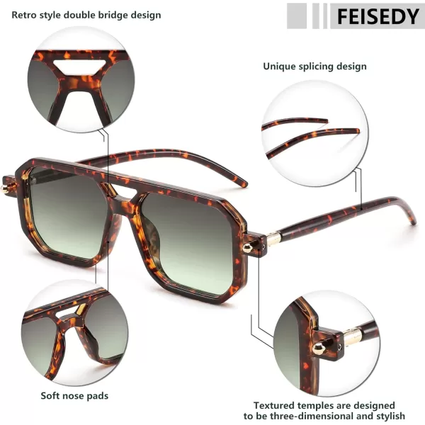 FEISEDY Vintage Square 70s Flat Aviator Sunglasses Women Men Classic Retro Stylish Frame UV400 Sunglasses B2622021 Tortoise Frame  Gradient Grey Green Yellow Lens