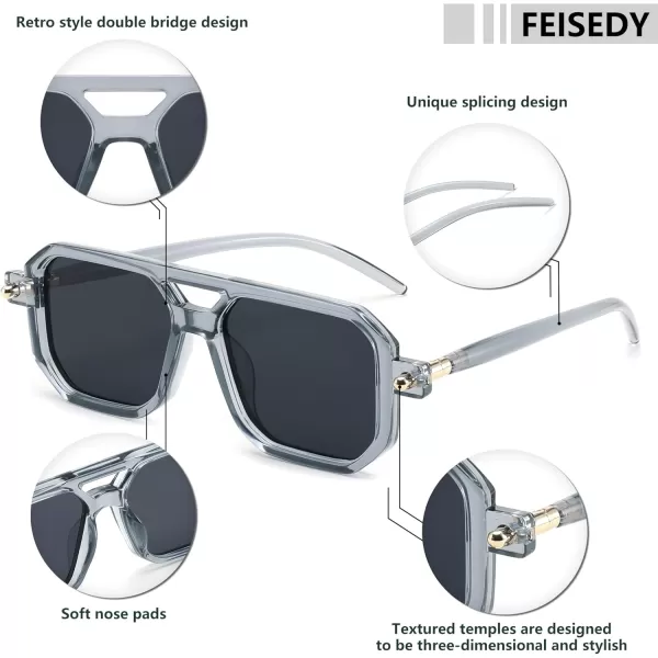 FEISEDY Vintage Square 70s Flat Aviator Sunglasses Women Men Classic Retro Stylish Frame UV400 Sunglasses B2622022 Transparent Grey Frame  Grey Lens