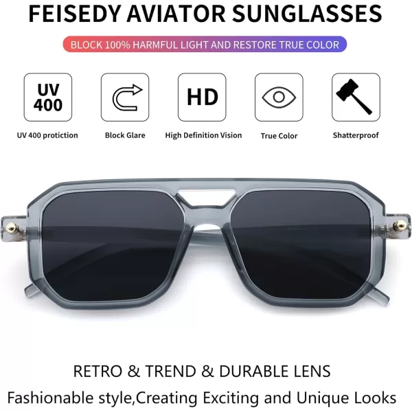 FEISEDY Vintage Square 70s Flat Aviator Sunglasses Women Men Classic Retro Stylish Frame UV400 Sunglasses B2622022 Transparent Grey Frame  Grey Lens