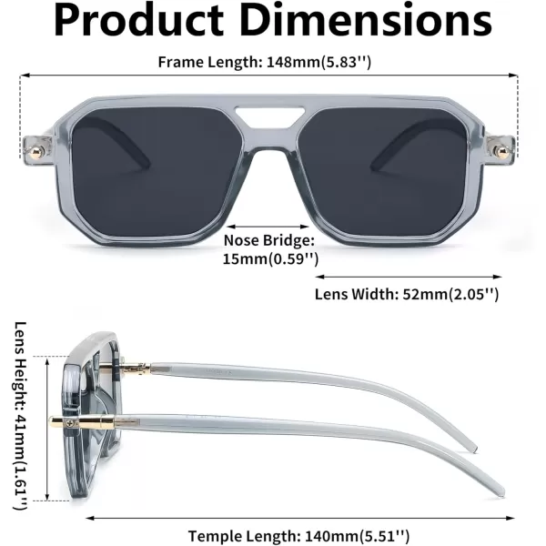 FEISEDY Vintage Square 70s Flat Aviator Sunglasses Women Men Classic Retro Stylish Frame UV400 Sunglasses B2622022 Transparent Grey Frame  Grey Lens