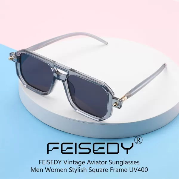 FEISEDY Vintage Square 70s Flat Aviator Sunglasses Women Men Classic Retro Stylish Frame UV400 Sunglasses B2622022 Transparent Grey Frame  Grey Lens