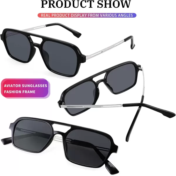 FEISEDY Vintage Square 70s Flat Aviator Sunglasses Women Men Metal Design Shades B2752Black FrameGrey Lens
