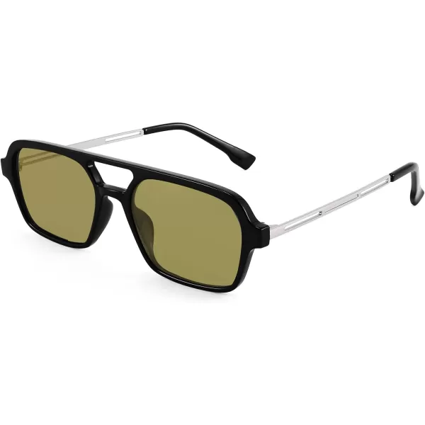 FEISEDY Vintage Square 70s Flat Aviator Sunglasses Women Men Metal Design Shades B2752Black FrameYellowish Green Lens