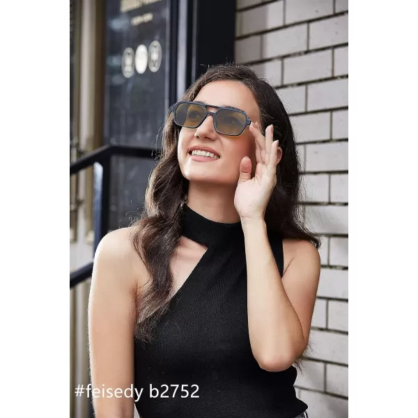 FEISEDY Vintage Square 70s Flat Aviator Sunglasses Women Men Metal Design Shades B2752Black FrameYellowish Green Lens