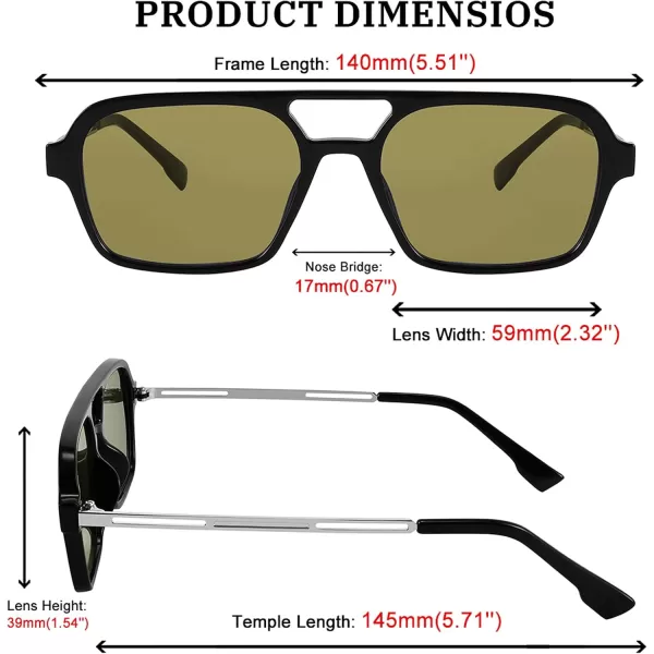 FEISEDY Vintage Square 70s Flat Aviator Sunglasses Women Men Metal Design Shades B2752Black FrameYellowish Green Lens