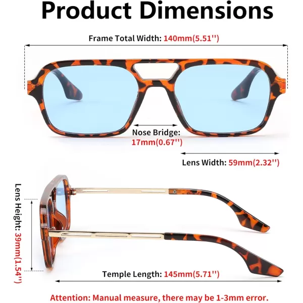 FEISEDY Vintage Square 70s Flat Aviator Sunglasses Women Men Metal Design Shades B2752Leopard FrameBlue Lens