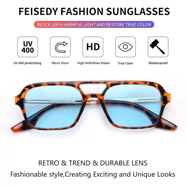 FEISEDY Vintage Square 70s Flat Aviator Sunglasses Women Men Metal Design Shades B2752Leopard FrameBlue Lens