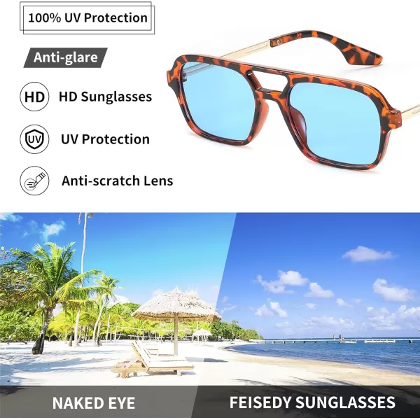 FEISEDY Vintage Square 70s Flat Aviator Sunglasses Women Men Metal Design Shades B2752Leopard FrameBlue Lens