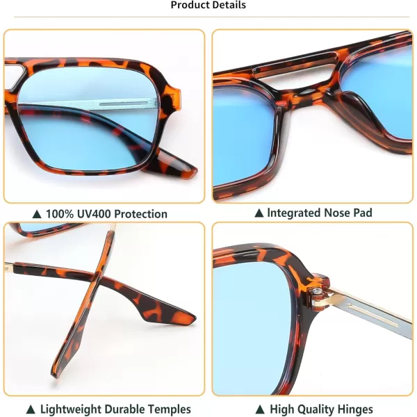 FEISEDY Vintage Square 70s Flat Aviator Sunglasses Women Men Metal Design Shades B2752Leopard FrameBlue Lens
