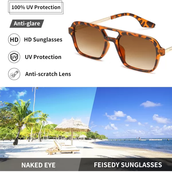 FEISEDY Vintage Square 70s Flat Aviator Sunglasses Women Men Metal Design Shades B2752Leopard FrameTea Lens
