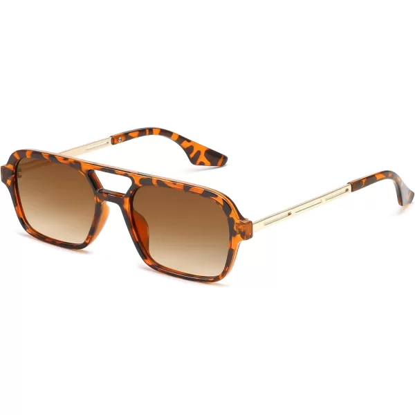 FEISEDY Vintage Square 70s Flat Aviator Sunglasses Women Men Metal Design Shades B2752Leopard FrameTea Lens