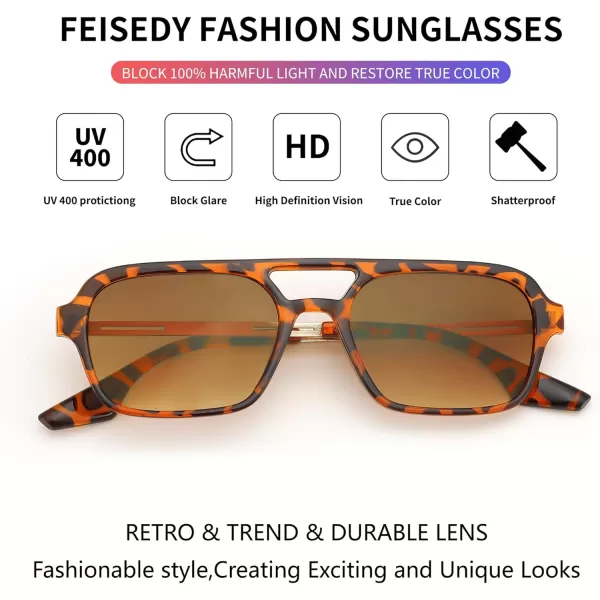FEISEDY Vintage Square 70s Flat Aviator Sunglasses Women Men Metal Design Shades B2752Leopard FrameTea Lens