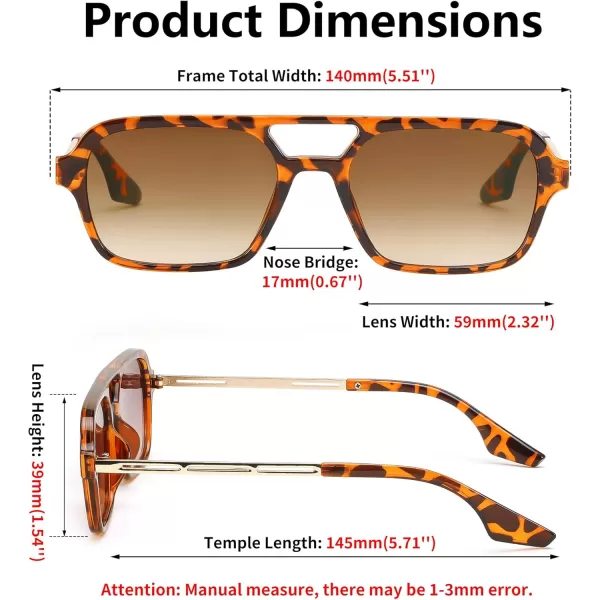 FEISEDY Vintage Square 70s Flat Aviator Sunglasses Women Men Metal Design Shades B2752Leopard FrameTea Lens