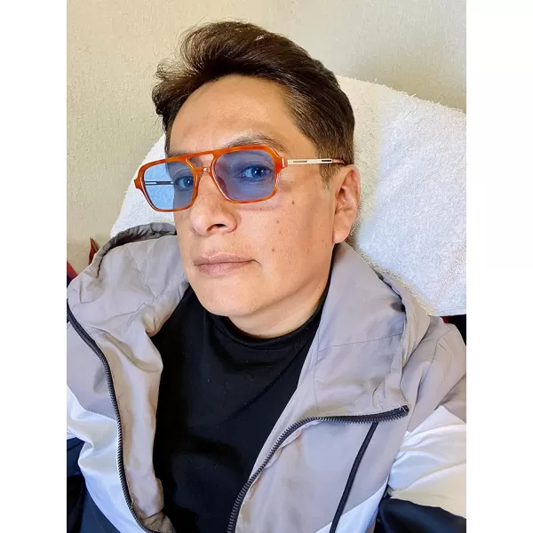 FEISEDY Vintage Square 70s Flat Aviator Sunglasses Women Men Metal Design Shades B2752Orange FrameBlue Lens