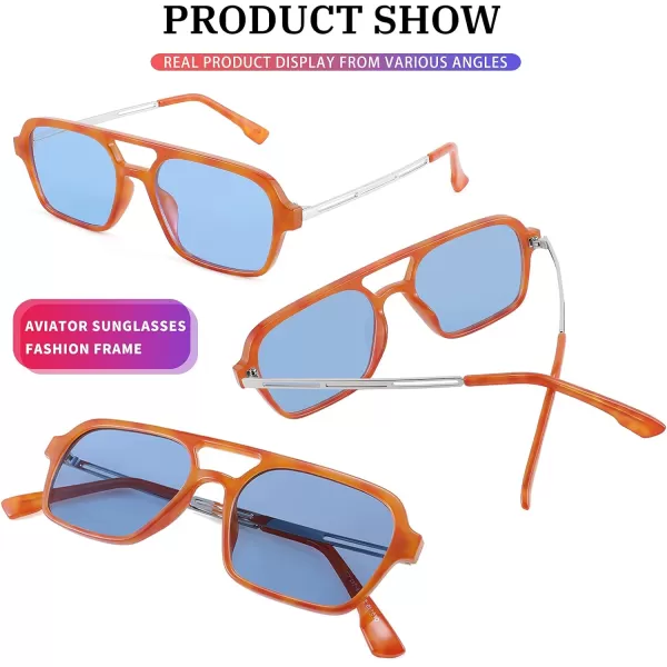 FEISEDY Vintage Square 70s Flat Aviator Sunglasses Women Men Metal Design Shades B2752Orange FrameBlue Lens
