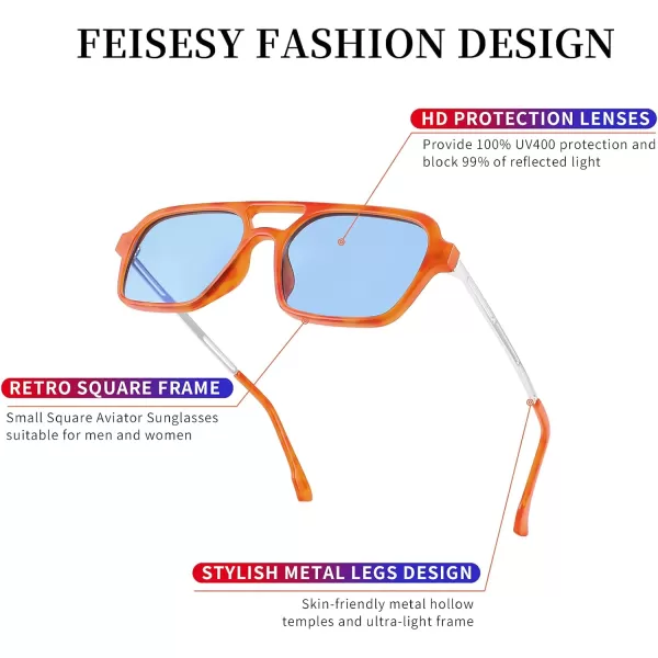 FEISEDY Vintage Square 70s Flat Aviator Sunglasses Women Men Metal Design Shades B2752Orange FrameBlue Lens
