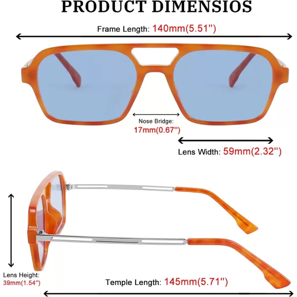 FEISEDY Vintage Square 70s Flat Aviator Sunglasses Women Men Metal Design Shades B2752Orange FrameBlue Lens