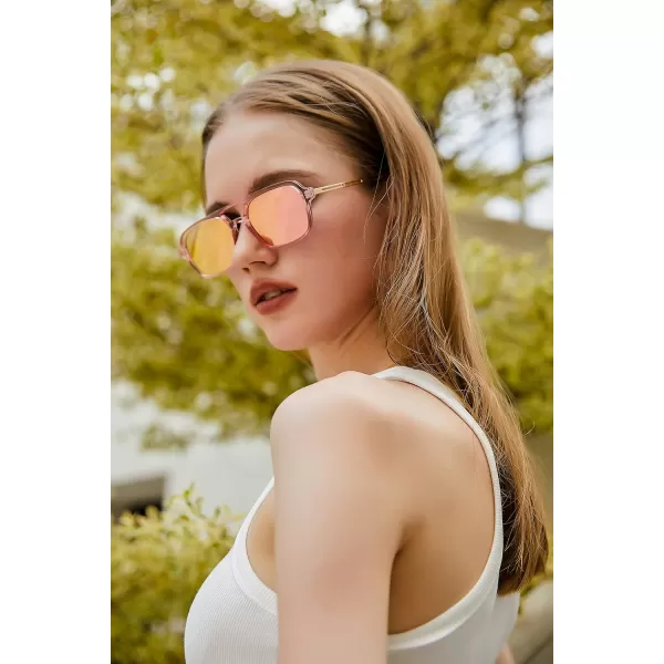 FEISEDY Vintage Square 70s Flat Aviator Sunglasses Women Men Metal Design Shades B2752Transparent Pink FramePink Mirrored Lens