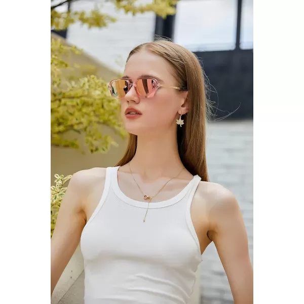 FEISEDY Vintage Square 70s Flat Aviator Sunglasses Women Men Metal Design Shades B2752Transparent Pink FramePink Mirrored Lens