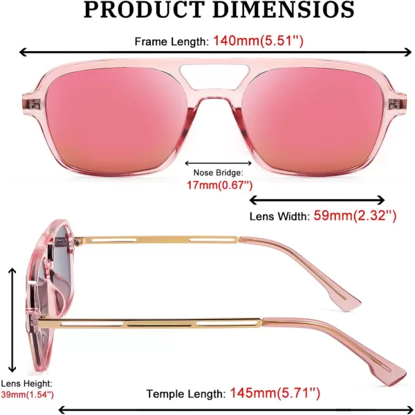 FEISEDY Vintage Square 70s Flat Aviator Sunglasses Women Men Metal Design Shades B2752Transparent Pink FramePink Mirrored Lens