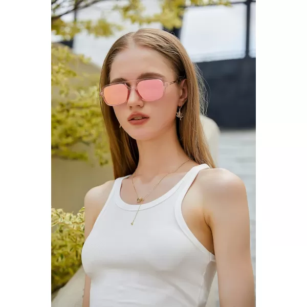 FEISEDY Vintage Square 70s Flat Aviator Sunglasses Women Men Metal Design Shades B2752Transparent Pink FramePink Mirrored Lens