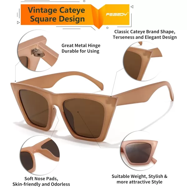 FEISEDY Vintage Square Cat Eye Sunglasses Women Trendy Cateye Sunglasses B2473Abrazine Brown