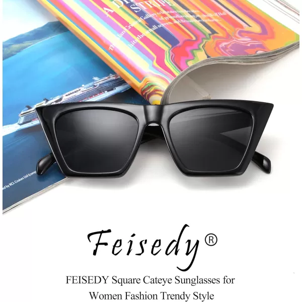 FEISEDY Vintage Square Cat Eye Sunglasses Women Trendy Cateye Sunglasses B2473Black