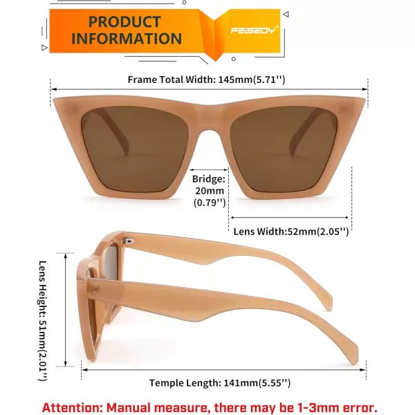 FEISEDY Vintage Square Cat Eye Sunglasses Women Trendy Cateye Sunglasses B2473Caramel